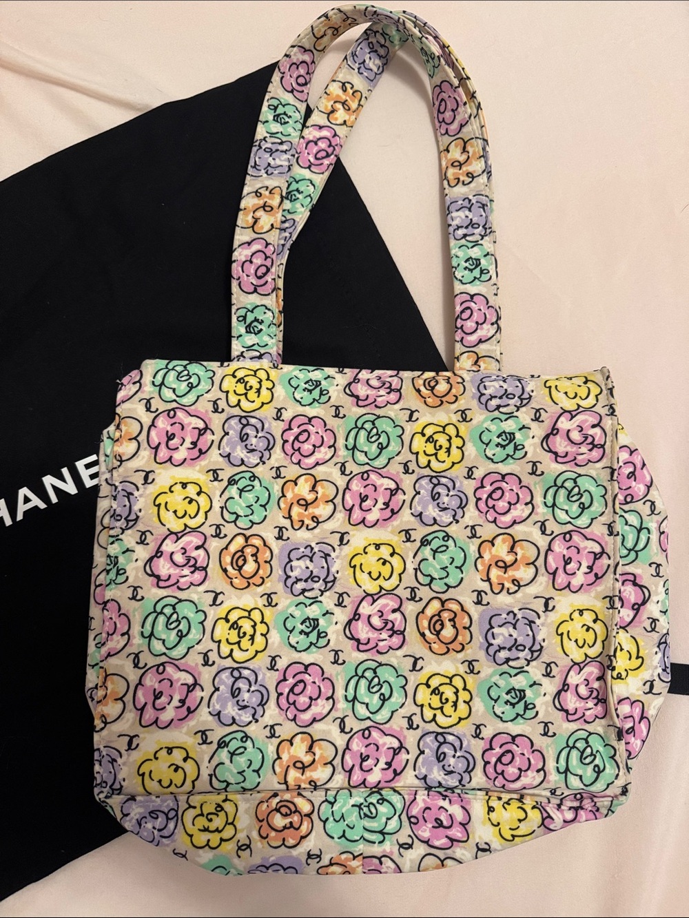 CHANEL Pastel Multicolor Camellia Print Tote